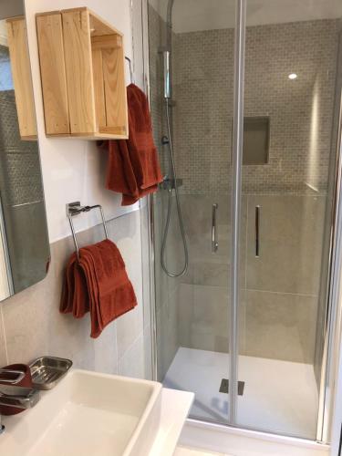 朗通的住宿－La cabine du 3MA，带淋浴、盥洗盆和盥洗盆的浴室