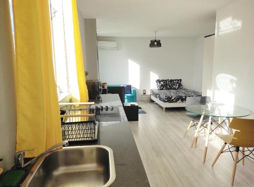 a kitchen and living room with a sink and a table at Charmant Studio idéalement situé a la Marina du Gosier in Pointe-à-Pitre