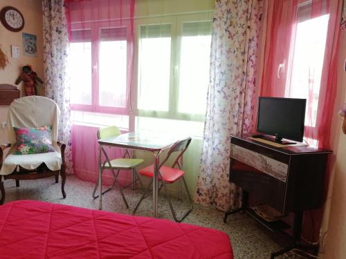 a bedroom with a table and a tv in a room at lo flamenc @Amposta in Amposta