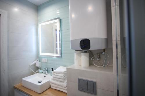 uma casa de banho com um lavatório e um espelho em Lazurowa Fala-2021, Baltic Park em Stegna