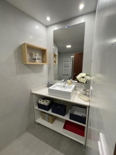 a bathroom with a sink and a mirror at Plaza Centro Mercado in Logroño