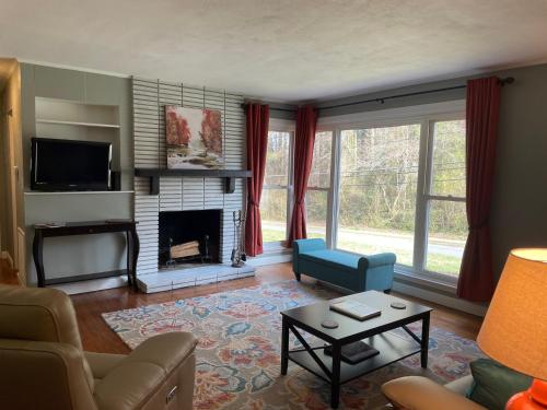 a living room with a couch and a fireplace at The Hideaway in Downtown Brevard in Brevard