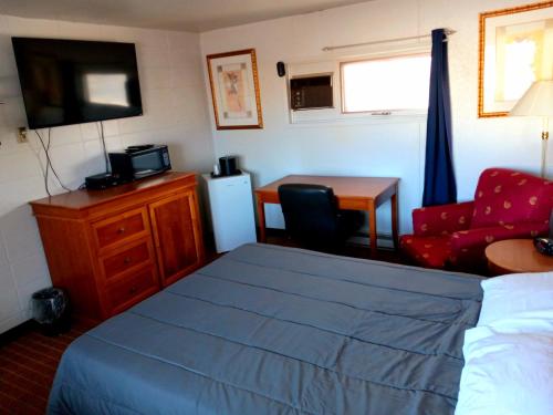 a bedroom with a bed and a desk and a chair at Chalet Inn Motel in Dryden