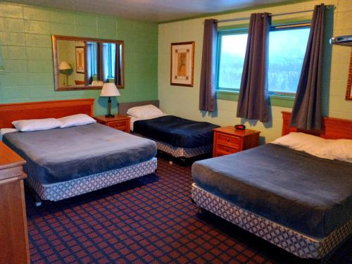 a hotel room with two beds and a mirror at Chalet Inn Motel in Dryden