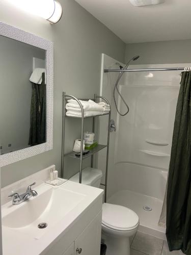 łazienka z umywalką, toaletą i prysznicem w obiekcie Lakeshore Suites w mieście North Bay