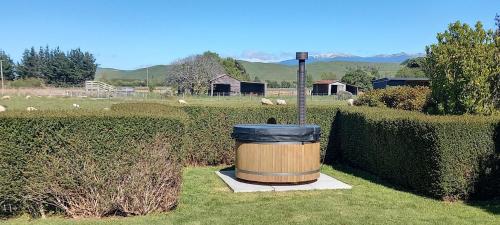 Eine Mülltonne sitzt im Gras neben einer Hecke. in der Unterkunft Camcott Farm in Masterton