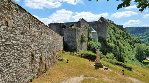 an old castle with a stone wall and trees at Gîte des trois vallees in Nouzonville