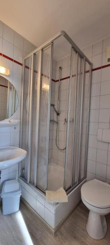 a bathroom with a shower and a toilet and a sink at Gasthof Landhaus Adorf in Bad Elster