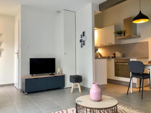 - un salon avec une télévision et une table avec un vase dans l'établissement T2 en duplex & terrasse, à Saint-Priest