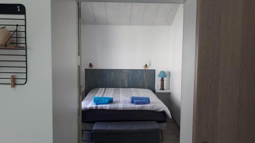 une chambre avec un lit avec deux oreillers bleus dans l'établissement Maison typique vendéenne, à La Tranche-sur-Mer