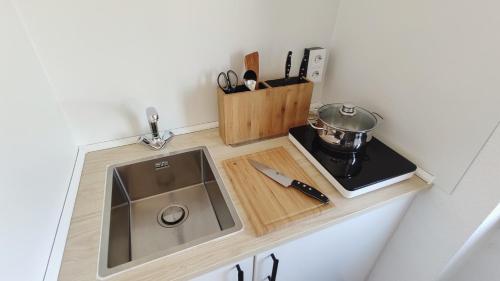 un bancone della cucina con lavandino e tagliere di Kleines aber feines Apartment a Gelsenkirchen