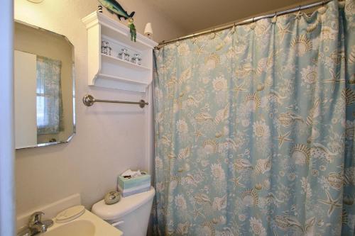 a bathroom with a shower curtain and a toilet at 2 Cabana By The Sea Condo in Hatteras