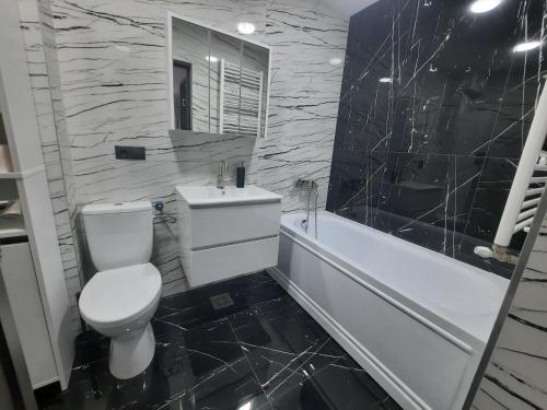 a bathroom with a toilet and a tub and a sink at Apartament Coco in Baia Mare