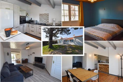 un collage de photos d'une cuisine et d'une chambre dans l'établissement Les Deux Pins, à Notre-Dame-de-Monts