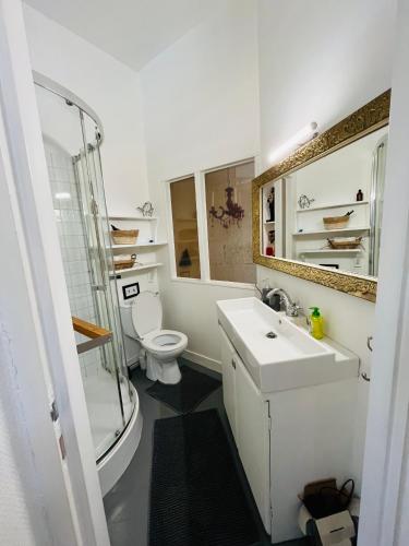 une salle de bain avec toilettes, lavabo et douche dans l'établissement Charmante maison proche Hôtel de ville, à Angoulême
