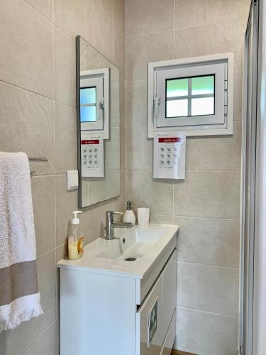 a bathroom with a sink and a mirror at Casa do Priolo - Villaverde Azores in Feteiras