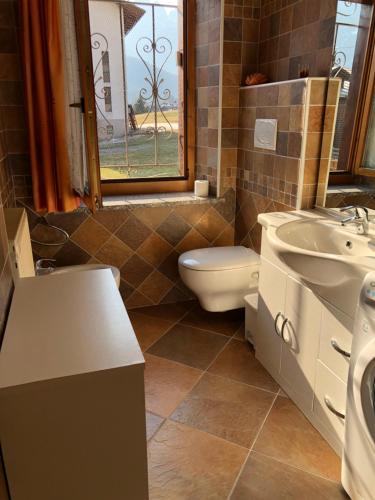 a bathroom with a toilet and a sink and a window at Residence Dolomiti in Forni di Sopra