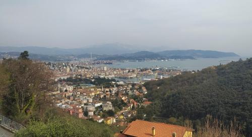 a view of a city from a hill with a lake at Agriturismo La Pietra 1 e La Pietra 2 in La Spezia