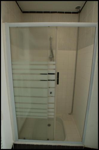 une douche avec une porte vitrée dans une salle de bain dans l'établissement Appartement entier, au calme, 2 personnes, à Mailhac