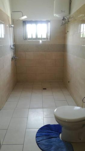 a bathroom with a toilet and a blue rug at HEBERTOGO Casablanca in Lomé