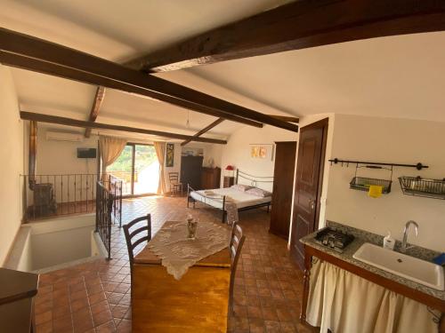 een kamer met een keuken en een slaapkamer met een bed bij Slow holidays in Calabria tradizioni eno-gastonomia tra borgo e mare in Badolato