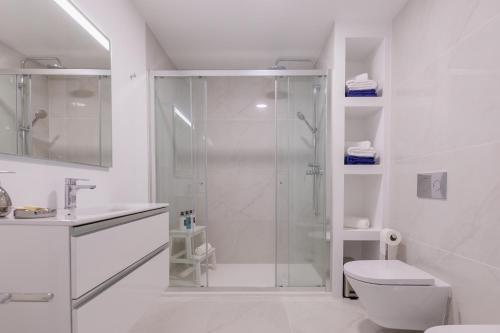 a white bathroom with a shower and a toilet at PDL Apartment in Ponta Delgada