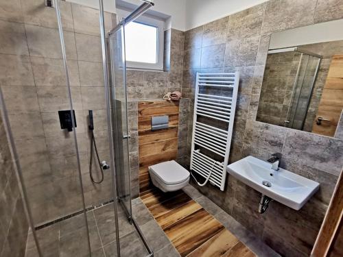 a bathroom with a toilet and a sink and a shower at Comenius Moravus vinařský dvůr in Mikulov