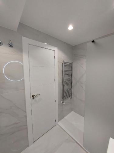 a bathroom with a white door and a shower at Ordoño II Suites con Aire Acondicionado y Wifi in León
