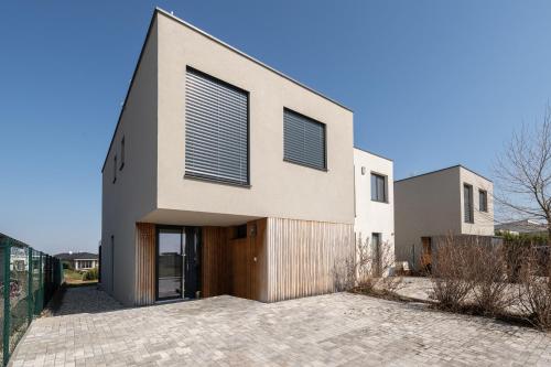 a modern house with a wooden door at Slnečný dom pri jazere in Hrubá Borša