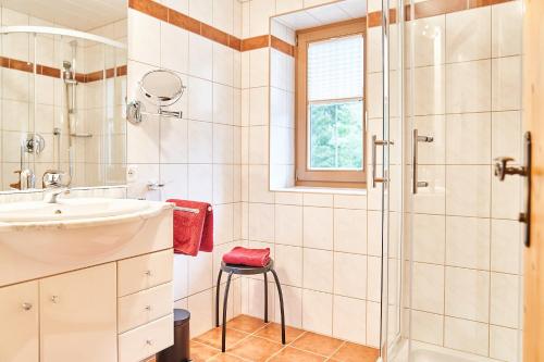 a bathroom with a sink and a shower at Haus Sonnenweg in Leutasch