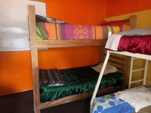 two bunk beds in a room with an orange wall at Monkeywasi Climbing Hostel in Huaraz