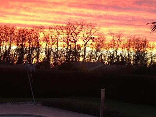 a sunset with trees in the background and a fence at La Chambre des Amis in Parthenay