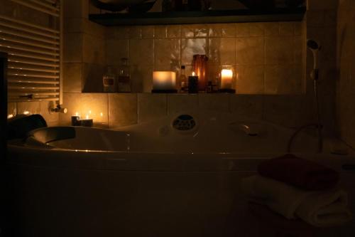 a bathroom with a bath tub in a dark room at B&B LA VILLA in Forlì