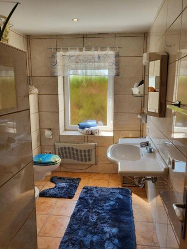 baño con lavabo, ventana y alfombras azules en EHM Family Resort, en Mesteri