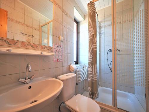 ザコパネにあるNoclegi u Bizubkaのバスルーム(洗面台、トイレ、シャワー付)