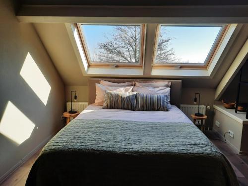 a bedroom with a large bed with two windows at Wellness Lodge aan de Braassem in Rijnsaterwoude