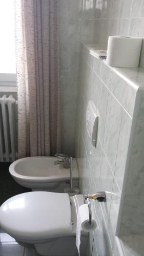a bathroom with a white toilet and a sink at Hotel Mirabeau in Bellagio