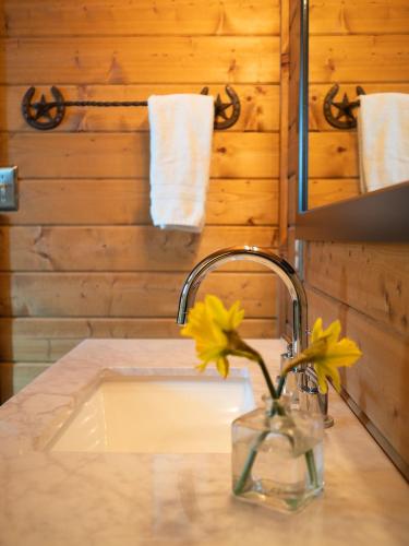 a bathroom sink with a vase with flowers in it at Z Ranch in Templeton