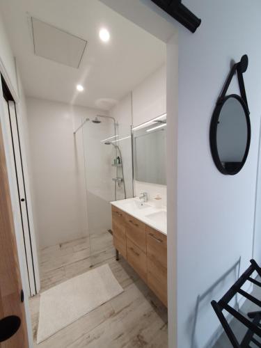 ein Bad mit einer Dusche, einem Waschbecken und einem Spiegel in der Unterkunft B&B Les Villas de Gascogne in Lanton