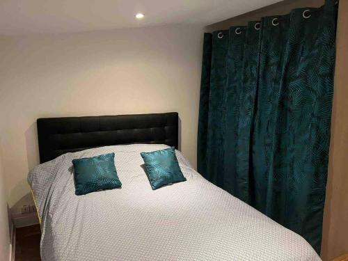 1 dormitorio con 1 cama con 2 almohadas azules en Le Black & White, hyper centre - paisible- wifi HD- NETFLIX- proche gare -Ideal couple et business, en Niort