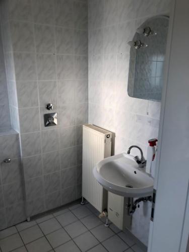 ein weißes Badezimmer mit Waschbecken und Dusche in der Unterkunft Monteurwohnung am Landgrafen in Worms