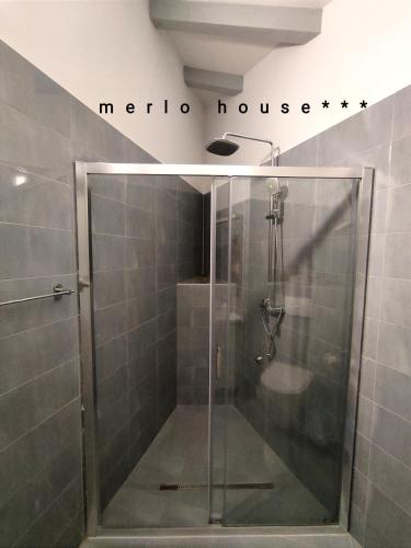 a shower with a glass door in a bathroom at Merlo House Dol Hvar in Stari Grad