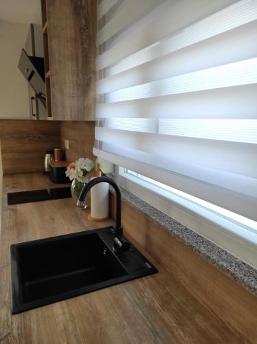 a kitchen with a sink and a window at Apartments Zaton Draga in Zaton