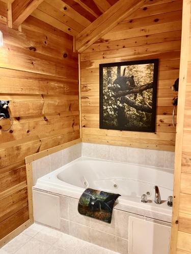a bathroom with a tub in a wooden cabin at Beary Cuddly Hottub 10 Mins Downtown Gatlinburg National Park in Gatlinburg