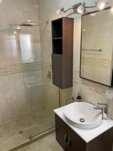 a bathroom with a sink and a glass shower at Posada Paraiso in El Yaque