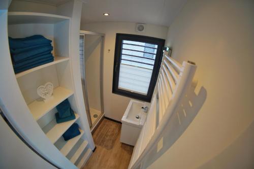 uma escada que leva a uma casa de banho com um WC e uma janela em Floatinghouse Bacchus em Braunsbedra