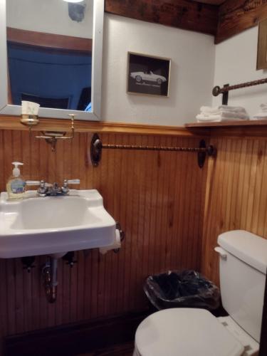 a bathroom with a sink and a toilet and a mirror at The Avanti Houses in South Bend