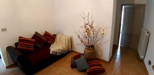 a living room with a couch and a vase with a tree at La Casa di Sonia in Tuscania