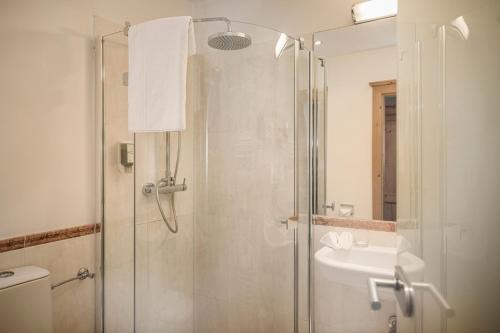 a bathroom with a shower and a sink at Bachmanngut in St. Wolfgang