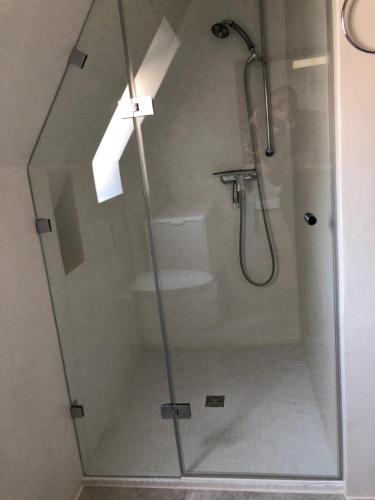a shower with a glass door in a bathroom at Das Steghaus in Gräfenberg